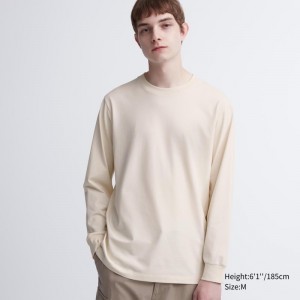 Beige Uniqlo Airism Cotton Uv Protection Crew Neck Long-sleeve Men T Shirts | 1170637