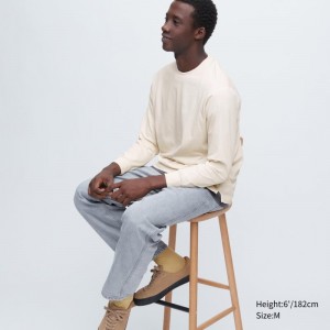 Beige Uniqlo Airism Cotton Uv Protection Crew Neck Men T Shirts | 2834381
