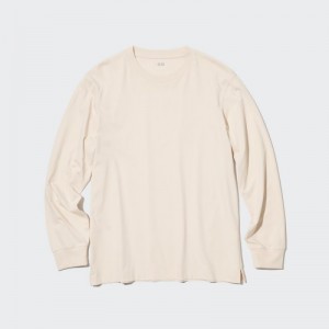Beige Uniqlo Airism Cotton Uv Protection Crew Neck Long-sleeve Women T Shirts | 3058925