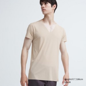 Beige Uniqlo Airism Mesh Anti-odor V-neck Men T Shirts | 1390334