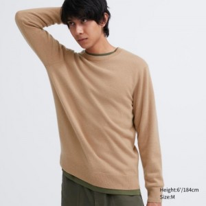 Beige Uniqlo Cashmere Crew Neck Long-sleeve Women Sweaters | 6488393