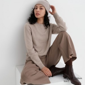 Beige Uniqlo Cashmere Crew Neck Long-sleeve Women Sweaters | 7677855