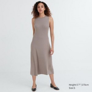 Beige Uniqlo Cotton Blend Knit Sleeveless Women Dress | 9537289