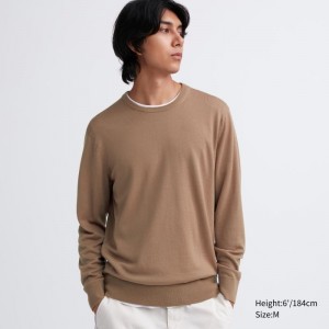 Beige Uniqlo Extra Fine Merino Crew Neck Men Sweaters | 9438542