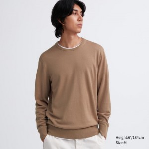 Beige Uniqlo Extra Fine Merino Crew Neck Long-Sleeve Women Sweaters | 9958402