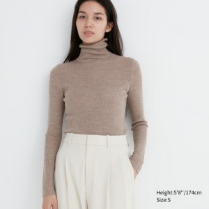 Beige Uniqlo Extra Fine Merino Ribbed Turtleneck Long-Sleeve Women Sweaters | 1764857