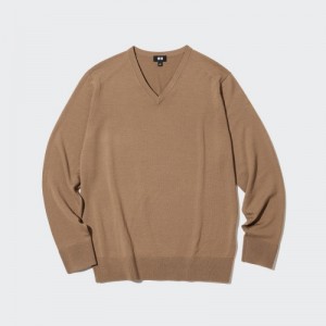 Beige Uniqlo Extra Fine Merino V-Neck Long-Sleeve Women Sweaters | 4991298