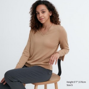 Beige Uniqlo Extra Fine Merino V-Neck Long-Sleeve Women Sweaters | 324057