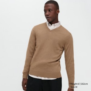 Beige Uniqlo Extra Fine Merino V-neck Men Sweaters | 1637263