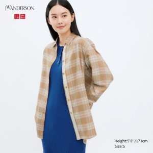 Beige Uniqlo Flannel Checked Long-Sleeve Long Women Shirts | 3749833