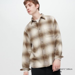 Beige Uniqlo Flannel Checked Long-sleeve Men Shirts | 3144814