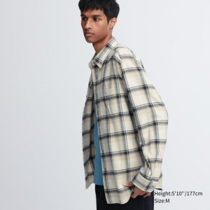 Beige Uniqlo Flannel Checked Long-sleeve Men Shirts | 6082488