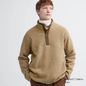 Beige Uniqlo Fleece Button Up Long Sleeve Pullover Men Hoodie | 1352219