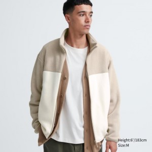 Beige Uniqlo Fleece Long Sleeve Full-zip Men Jackets | 6493006