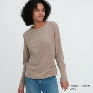 Beige Uniqlo HEATTECH Fleece Crew Neck Long-Sleeve Women T Shirts | 3023118