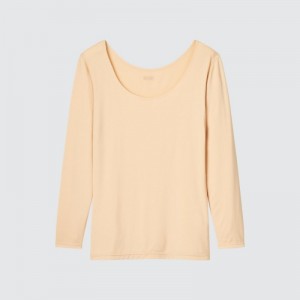 Beige Uniqlo HEATTECH Scoop Neck Long-Sleeve Women T Shirts | 6544097