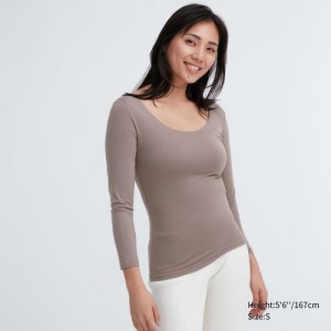 Beige Uniqlo HEATTECH Scoop Neck Long-Sleeve Women T Shirts | 5201965