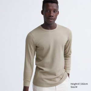 Beige Uniqlo Heattech Cotton Waffle Crew Neck Extra Warm Men T Shirts | 3004538