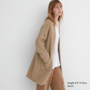 Beige Uniqlo Knitted Long Women Cardigan | 7971423