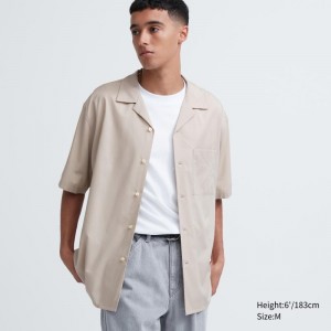 Beige Uniqlo Open Collar Short-sleeve Men Shirts | 2875613