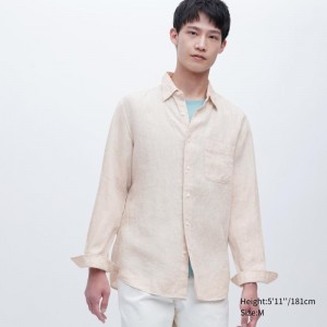 Beige Uniqlo Premium Linen Long-sleeve Men Shirts | 9170954
