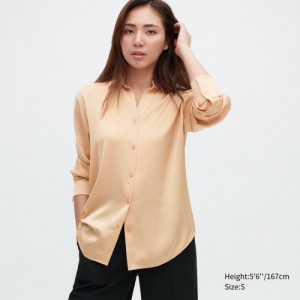Beige Uniqlo Satin Long-Sleeve Women Blouse | 4343300