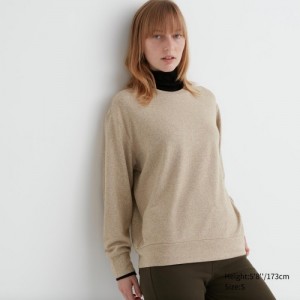 Beige Uniqlo Soft Knitted Fleece Crew Neck Long-Sleeve Women T Shirts | 1126751