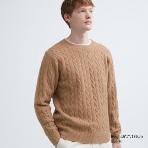 Beige Uniqlo Souffle Yarn Cable Crew Neck Men Sweaters | 2006325