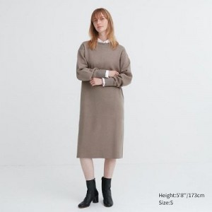 Beige Uniqlo Souffle Yarn Long-Sleeve Women Dress | 5442965