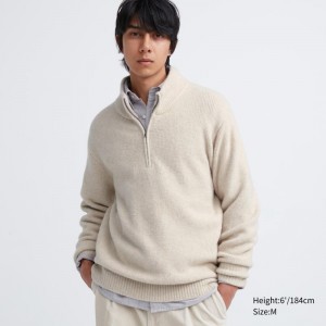 Beige Uniqlo Souffle Yarn Long Sleeve Half-zip Men Sweaters | 2804682