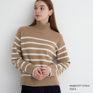 Beige Uniqlo Souffle Yarn Striped High Neck Long-Sleeve Women Sweaters | 9690405