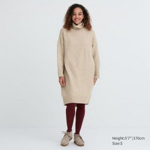 Beige Uniqlo Souffle Yarn Turtleneck Women Dress | 7025530
