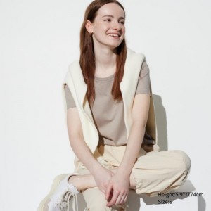 Beige Uniqlo Supima Cotton Crew Neck Short Sleeve Women T Shirts | 4571754