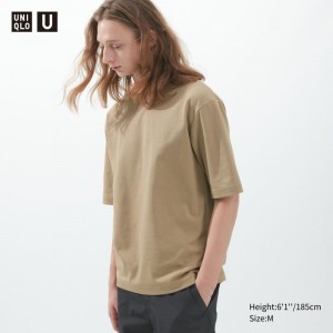Beige Uniqlo U AIRism Cotton Oversized Crew Neck Half-Sleeve Men T Shirts | 9095834