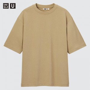 Beige Uniqlo U AIRism Cotton Oversized Crew Neck Half-Sleeve Men T Shirts | 8547159