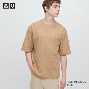 Beige Uniqlo U Airism Cotton Striped Crew Neck Oversized Men T Shirts | 2332720