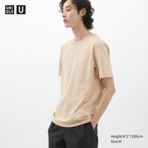 Beige Uniqlo U Crew Neck Short-sleeve Men T Shirts | 2729540