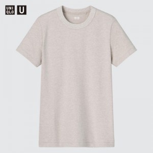 Beige Uniqlo U Crew Neck Short-sleeve Women T Shirts | 4896583