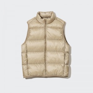 Beige Uniqlo Ultra Light Down Wide Quilt Men Vest | 4745137