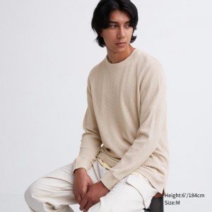 Beige Uniqlo Waffle Crew Neck Long-Sleeve Men T Shirts | 8821289