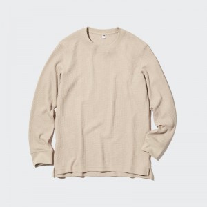 Beige Uniqlo Waffle Crew Neck Long-Sleeve Men T Shirts | 9085720