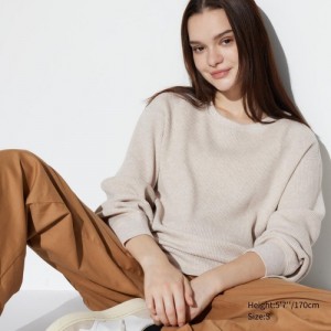 Beige Uniqlo Waffle Crew Neck Long-Sleeve Women T Shirts | 4276750
