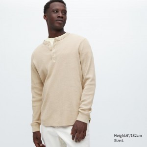 Beige Uniqlo Waffle Long-sleeve Henley Men T Shirts | 1052676
