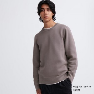 Beige Uniqlo Washable Milano Ribbed Crew Neck Long-Sleeve Women Sweaters | 4612876