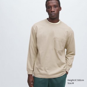 Beige Uniqlo Washed Cotton Crew Neck Long-sleeve Men T Shirts | 2779842