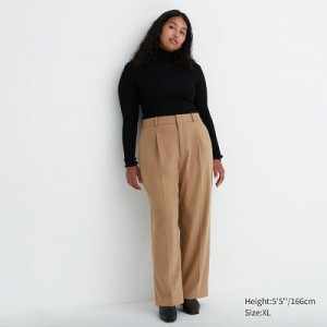 Beige Uniqlo Wide-Fit Pleated Women Pants | 6038919