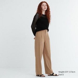 Beige Uniqlo Wide-Fit Pleated Women Pants | 8233072