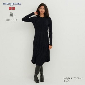 Black Uniqlo 3D Knit Ribbed Crew Neck Long-Sleeve Women Dress | 4555555