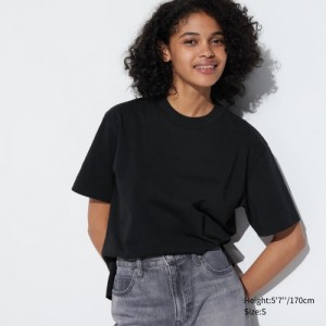 Black Uniqlo AIRism Cotton Short Sleeve Women T Shirts | 1927414