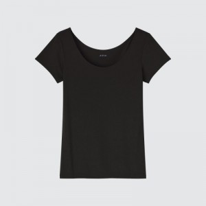 Black Uniqlo AIRism Scoop Neck Short-Sleeve Women T Shirts | 257596